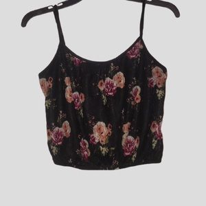 Weavers Black Lace Rose Print Spaghetti Strap Cropped Top Size L
